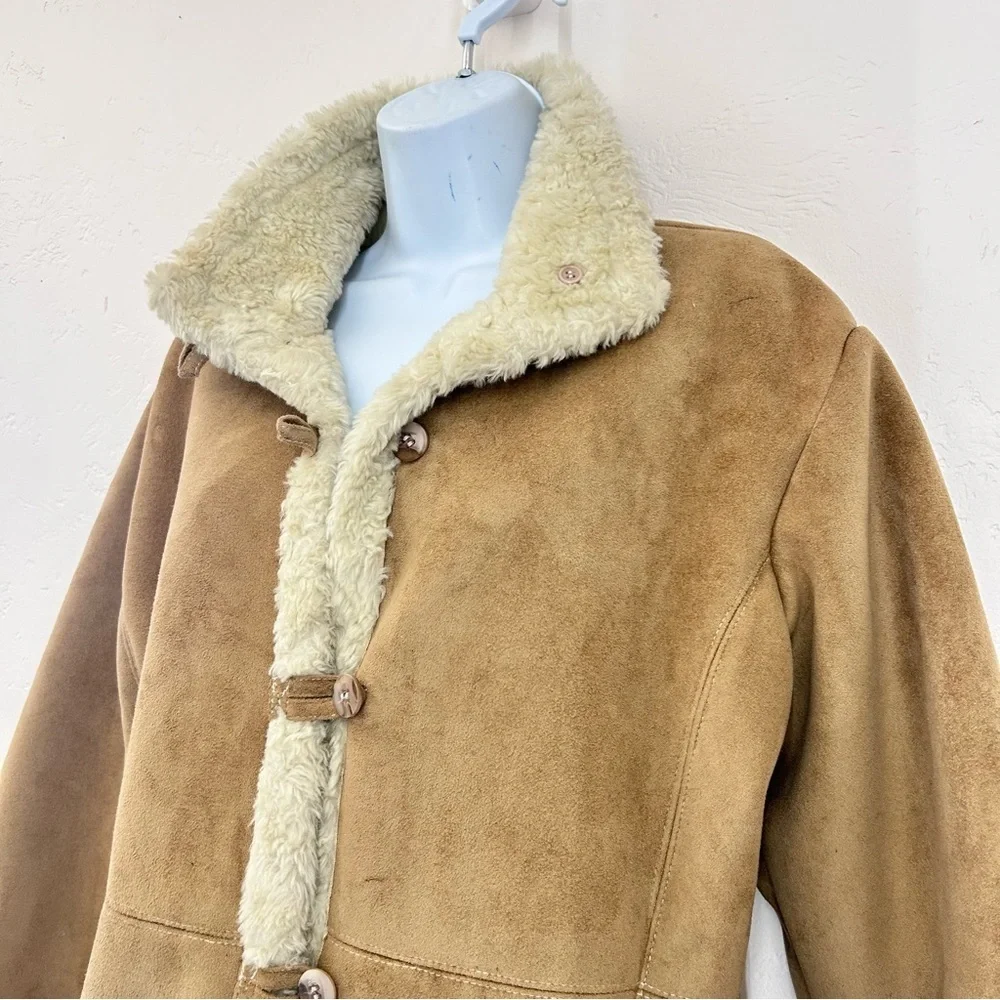 Vintage 90s Y2K Faux Suede Sherpa Lined Jacket Sz M Tan Coat Boho Phoebe Buffay